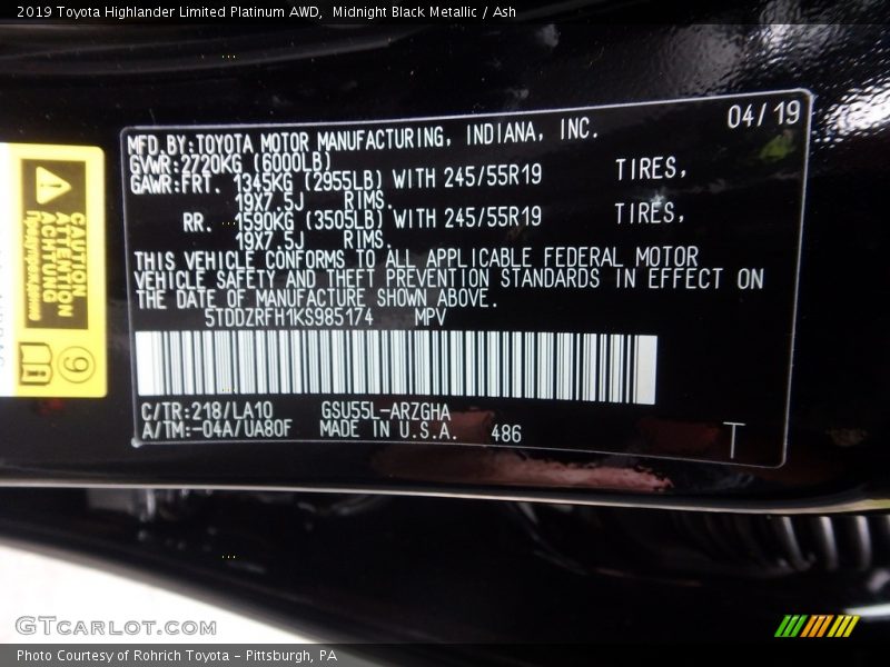 2019 Highlander Limited Platinum AWD Midnight Black Metallic Color Code 218