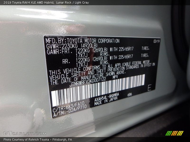 2019 RAV4 XLE AWD Hybrid Lunar Rock Color Code 6X3
