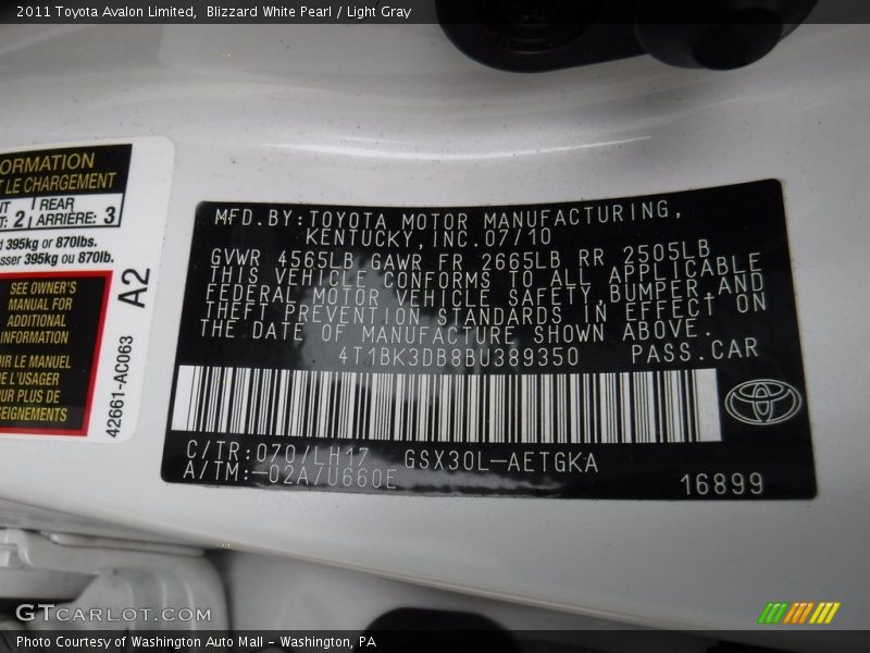 Blizzard White Pearl / Light Gray 2011 Toyota Avalon Limited