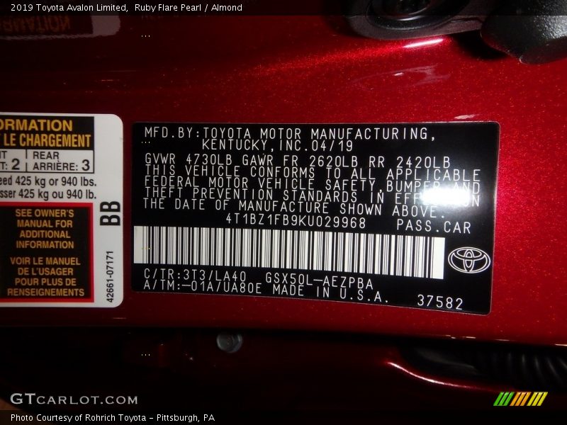 2019 Avalon Limited Ruby Flare Pearl Color Code 3T3