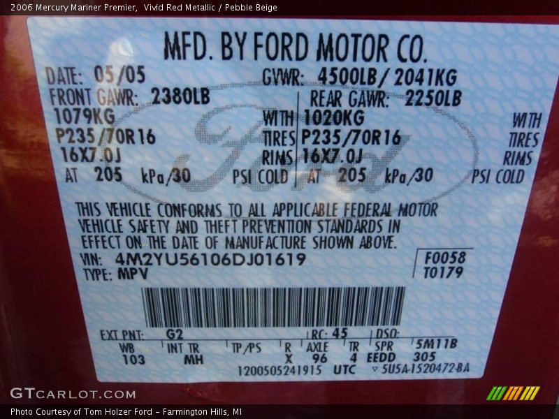 Vivid Red Metallic / Pebble Beige 2006 Mercury Mariner Premier