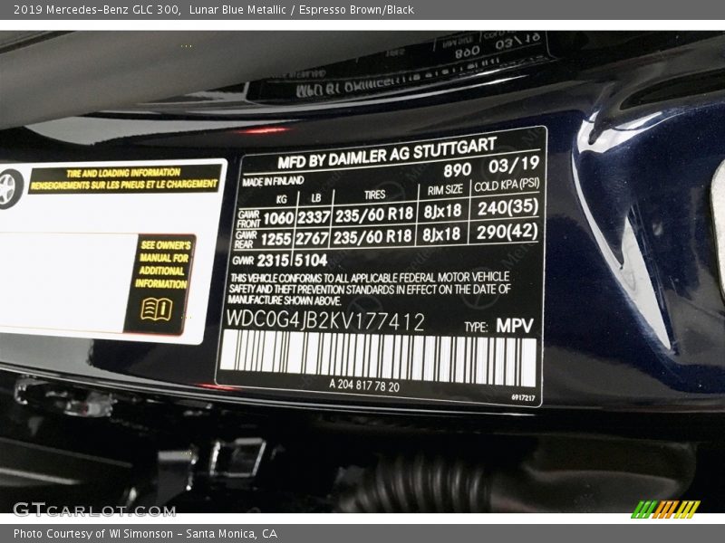 Lunar Blue Metallic / Espresso Brown/Black 2019 Mercedes-Benz GLC 300