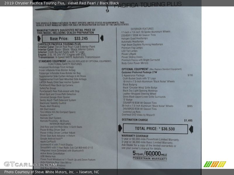 Velvet Red Pearl / Black/Black 2019 Chrysler Pacifica Touring Plus