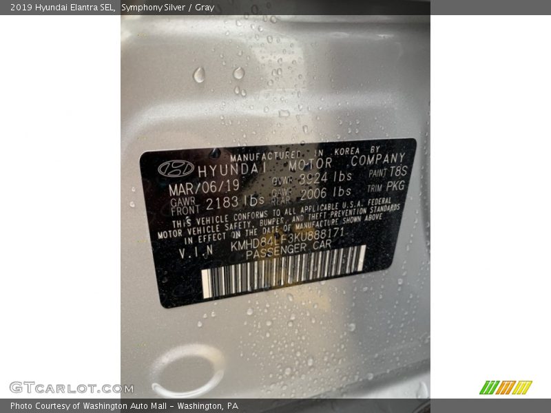 Symphony Silver / Gray 2019 Hyundai Elantra SEL