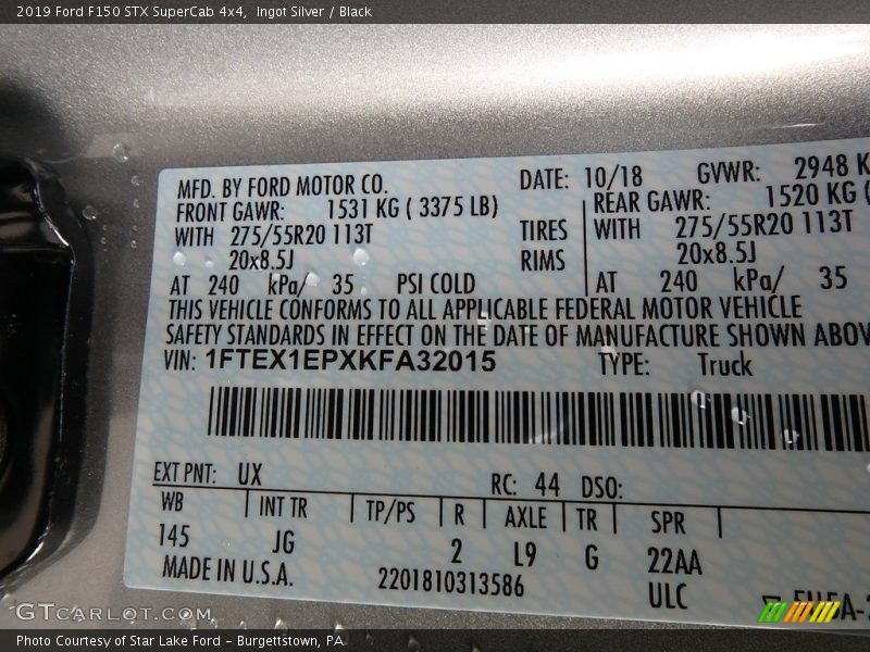 2019 F150 STX SuperCab 4x4 Ingot Silver Color Code UX