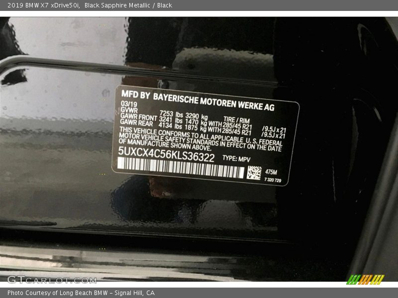 2019 X7 xDrive50i Black Sapphire Metallic Color Code 475