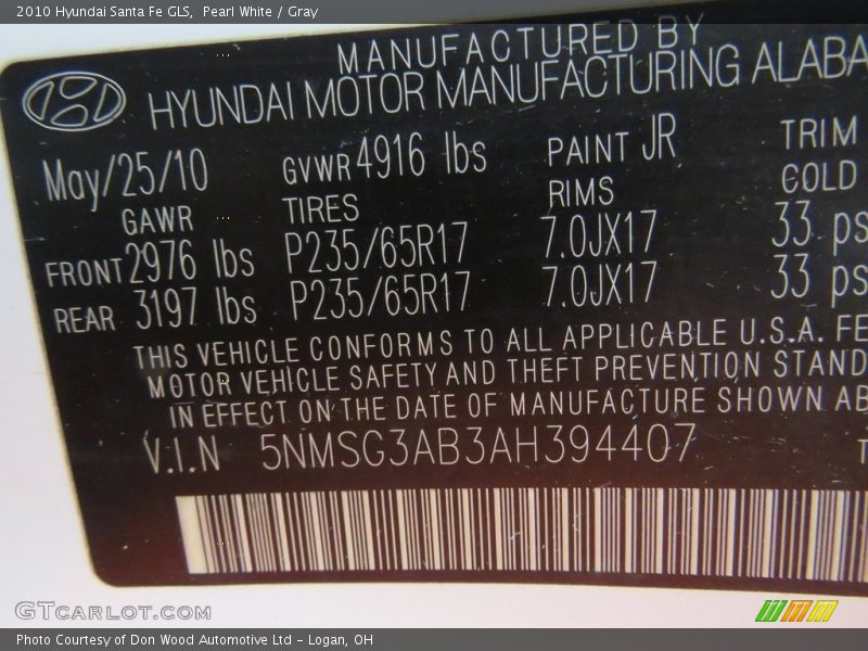 Pearl White / Gray 2010 Hyundai Santa Fe GLS