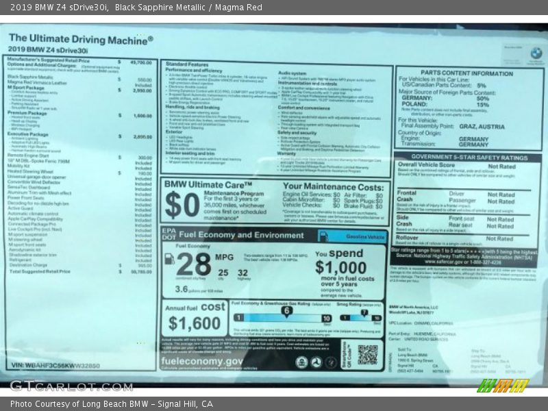  2019 Z4 sDrive30i Window Sticker