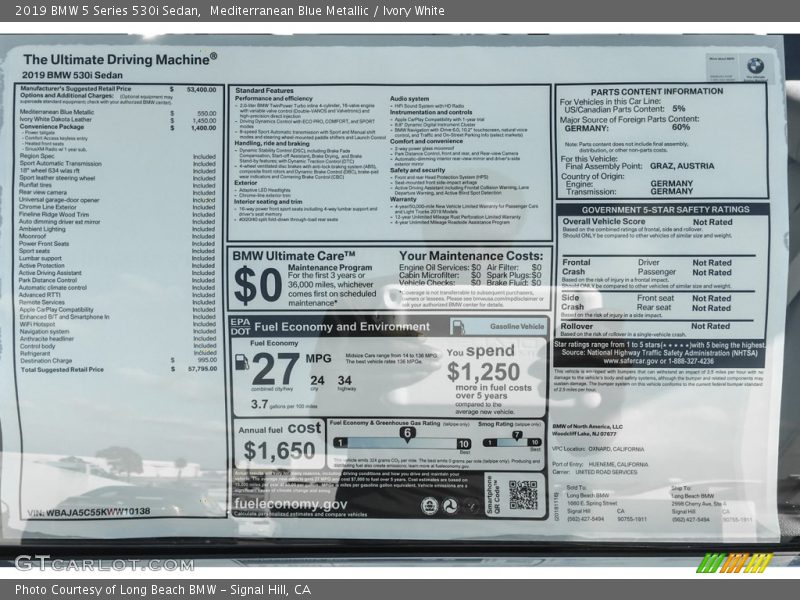  2019 5 Series 530i Sedan Window Sticker