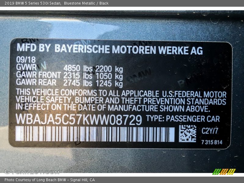 Bluestone Metallic / Black 2019 BMW 5 Series 530i Sedan