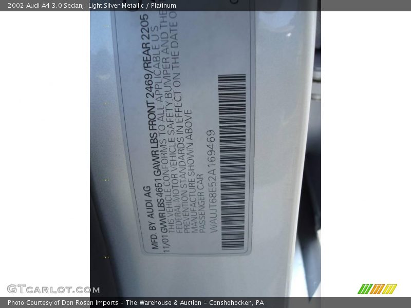 Light Silver Metallic / Platinum 2002 Audi A4 3.0 Sedan