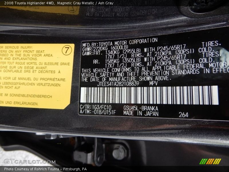 Magnetic Gray Metallic / Ash Gray 2008 Toyota Highlander 4WD