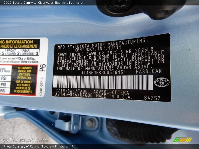 Clearwater Blue Metallic / Ivory 2012 Toyota Camry L