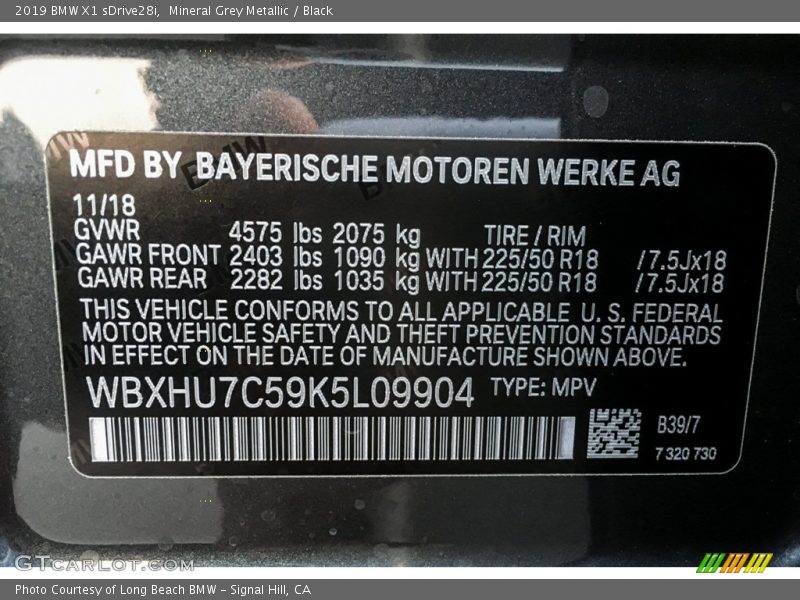 2019 X1 sDrive28i Mineral Grey Metallic Color Code B39