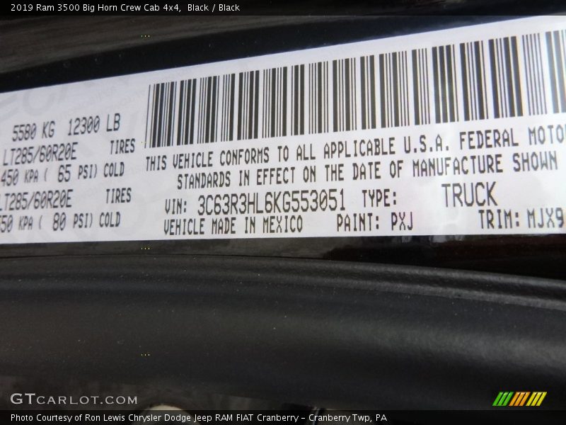 2019 3500 Big Horn Crew Cab 4x4 Black Color Code PXJ