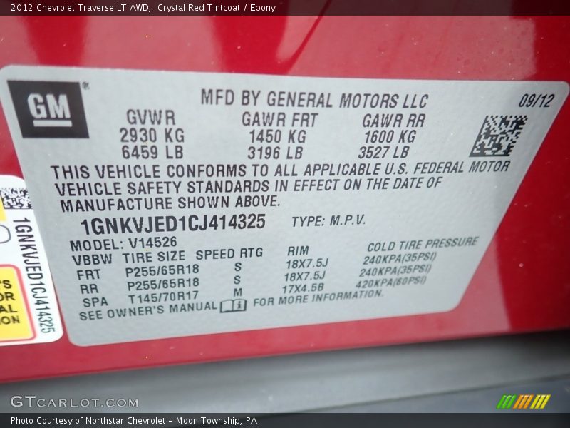 Crystal Red Tintcoat / Ebony 2012 Chevrolet Traverse LT AWD