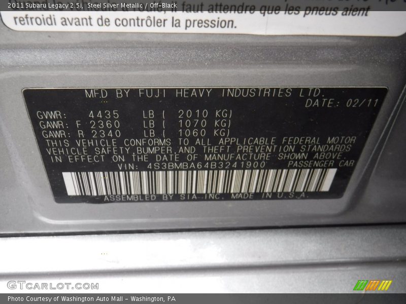 Steel Silver Metallic / Off-Black 2011 Subaru Legacy 2.5i