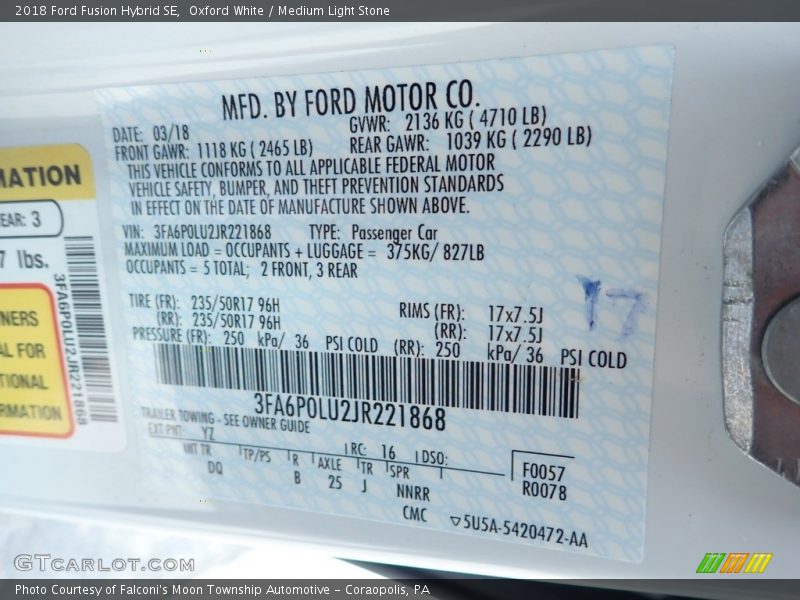 Oxford White / Medium Light Stone 2018 Ford Fusion Hybrid SE