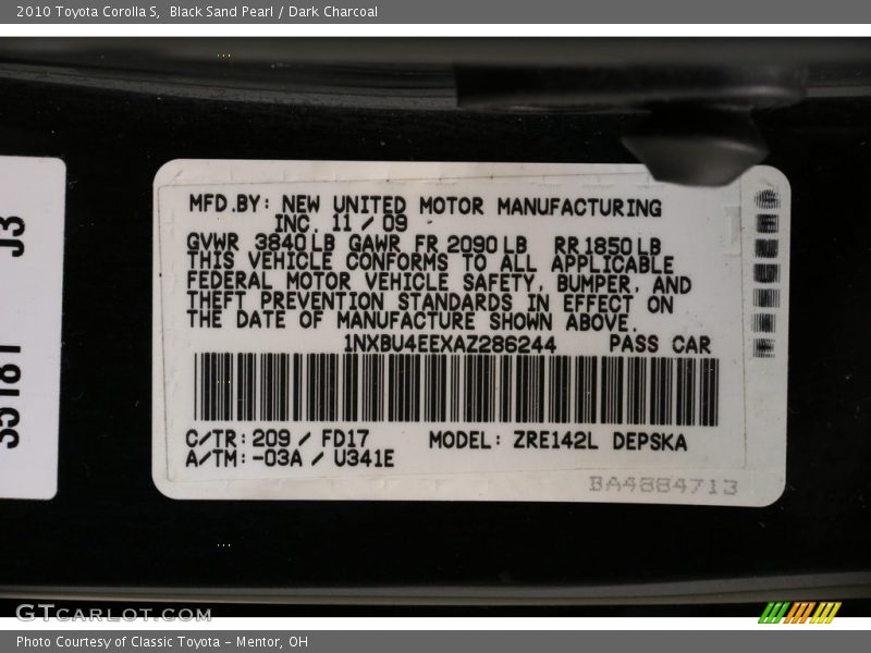 Black Sand Pearl / Dark Charcoal 2010 Toyota Corolla S