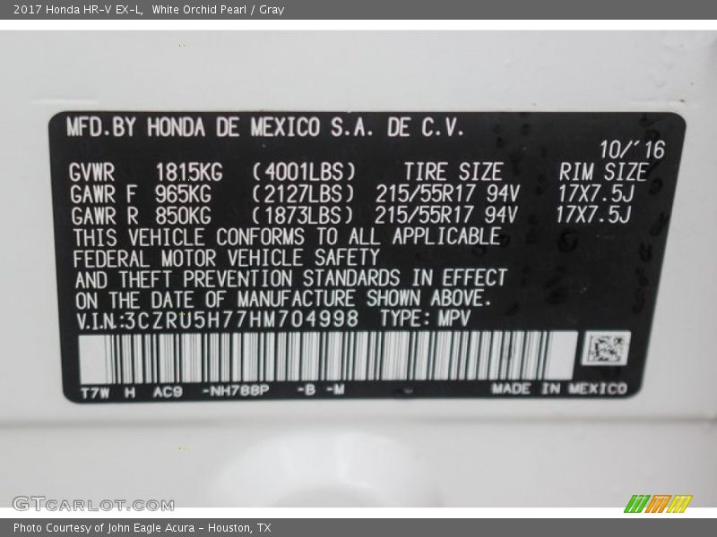 White Orchid Pearl / Gray 2017 Honda HR-V EX-L