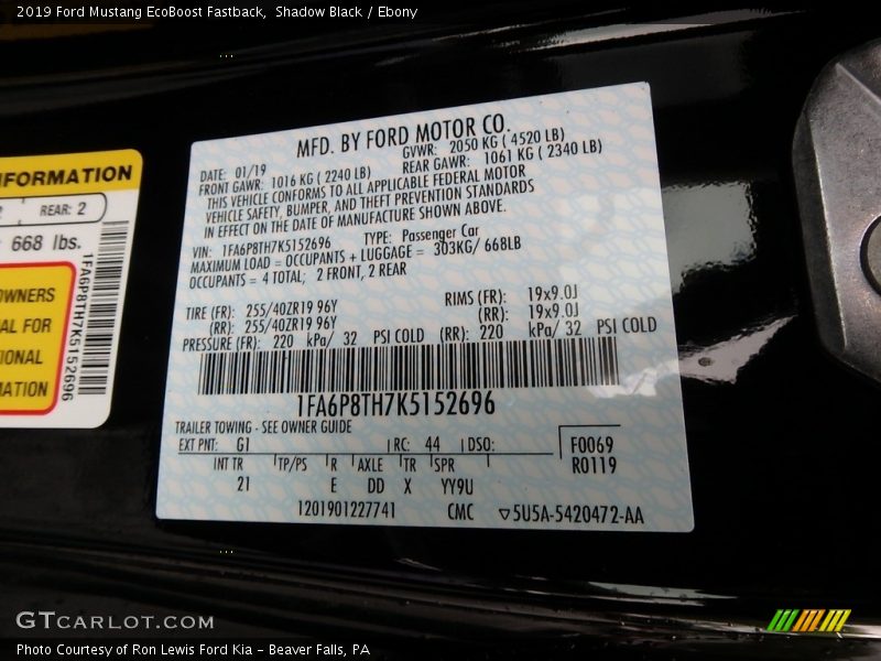 2019 Mustang EcoBoost Fastback Shadow Black Color Code G1