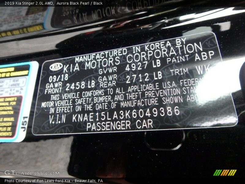 2019 Stinger 2.0L AWD Aurora Black Pearl Color Code ABP