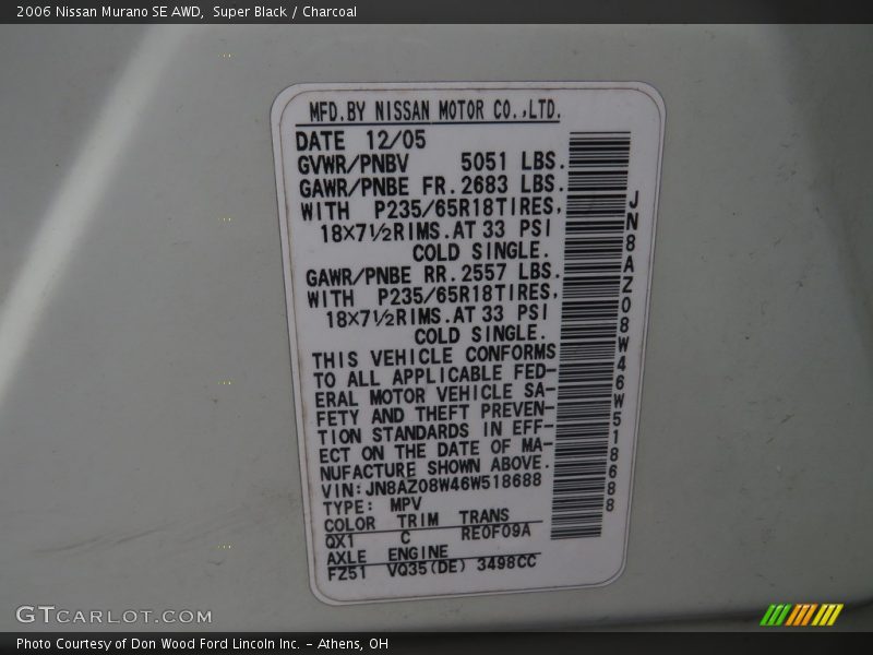 Super Black / Charcoal 2006 Nissan Murano SE AWD