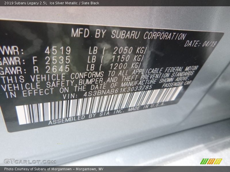 Ice Silver Metallic / Slate Black 2019 Subaru Legacy 2.5i