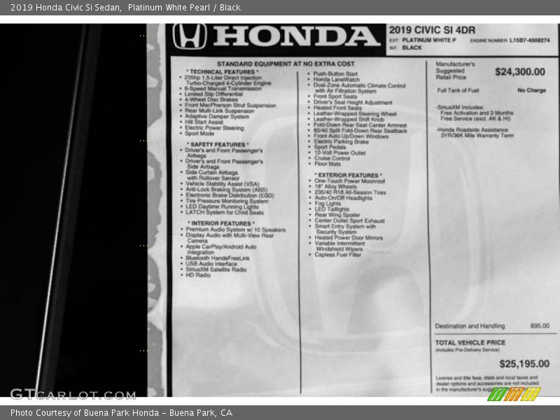 Platinum White Pearl / Black 2019 Honda Civic Si Sedan