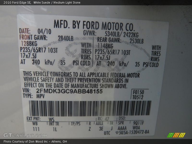 White Suede / Medium Light Stone 2010 Ford Edge SE