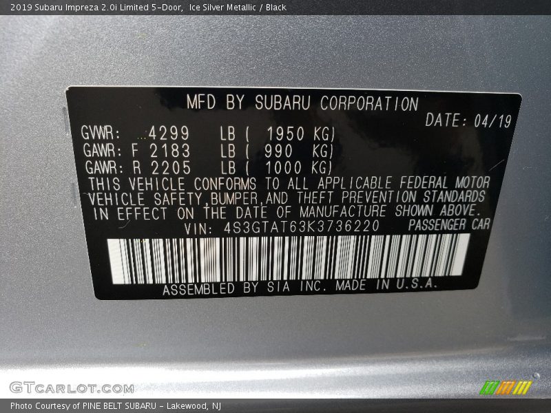 Ice Silver Metallic / Black 2019 Subaru Impreza 2.0i Limited 5-Door