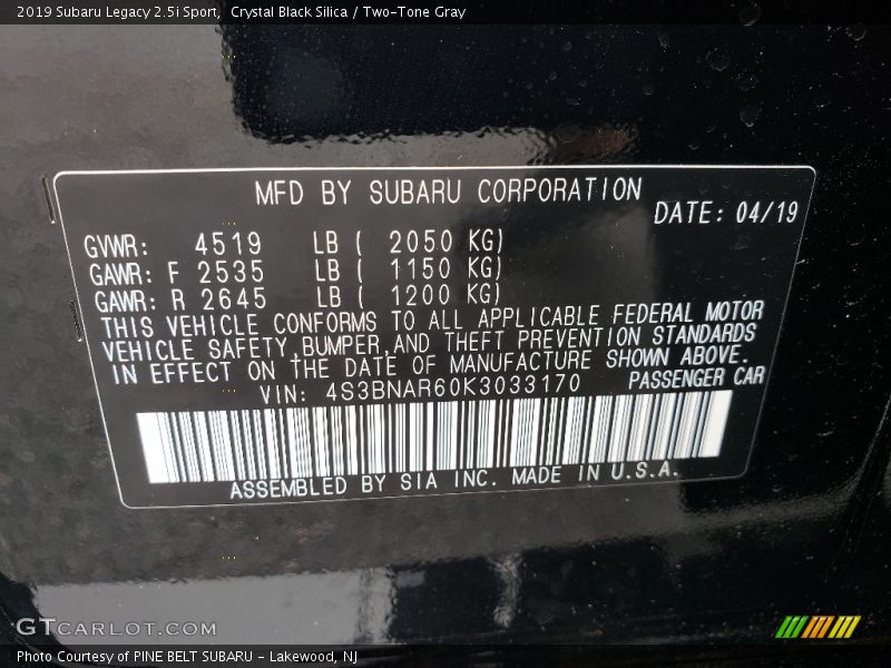 Crystal Black Silica / Two-Tone Gray 2019 Subaru Legacy 2.5i Sport
