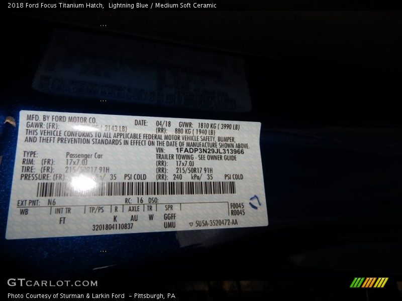 2018 Focus Titanium Hatch Lightning Blue Color Code N6