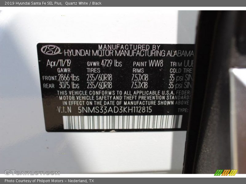 Quartz White / Black 2019 Hyundai Santa Fe SEL Plus