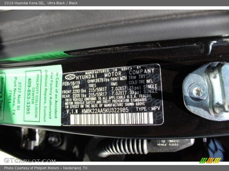 Ultra Black / Black 2019 Hyundai Kona SEL