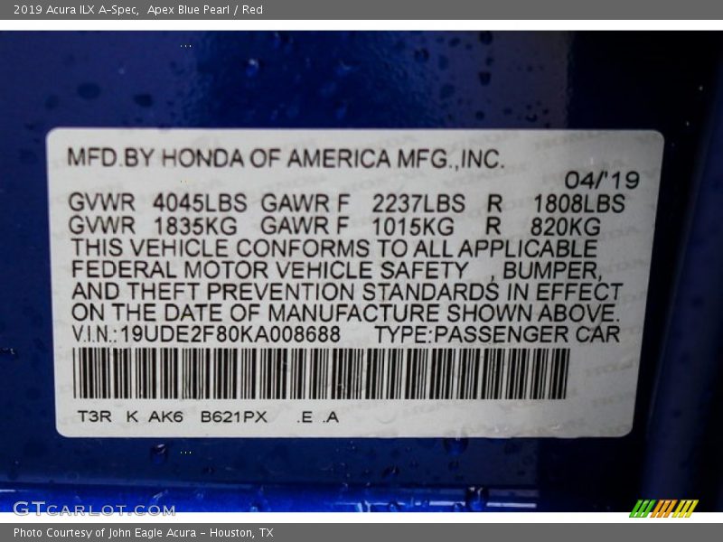 2019 ILX A-Spec Apex Blue Pearl Color Code B621PX