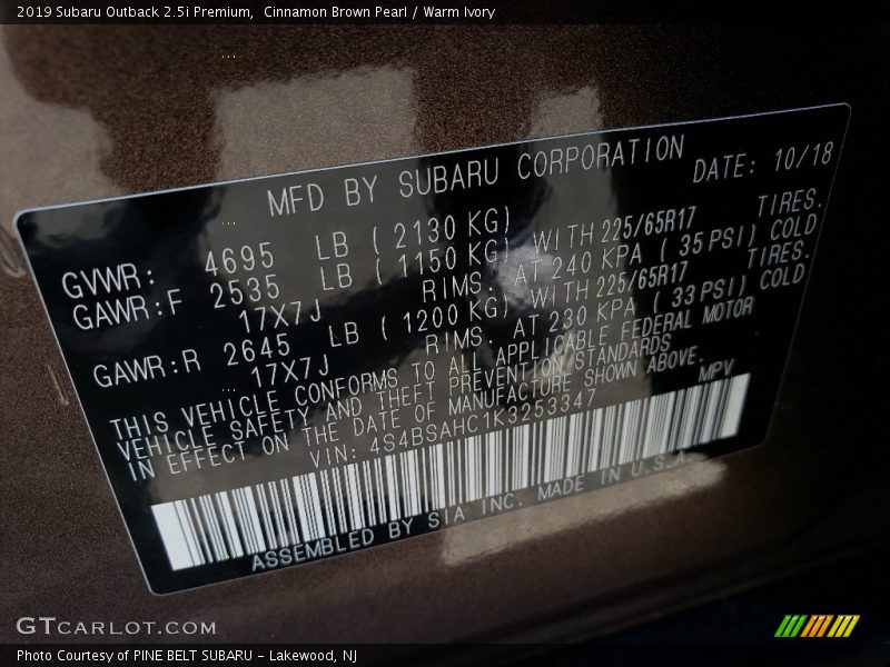Cinnamon Brown Pearl / Warm Ivory 2019 Subaru Outback 2.5i Premium