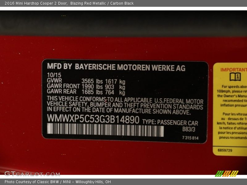 Blazing Red Metallic / Carbon Black 2016 Mini Hardtop Cooper 2 Door