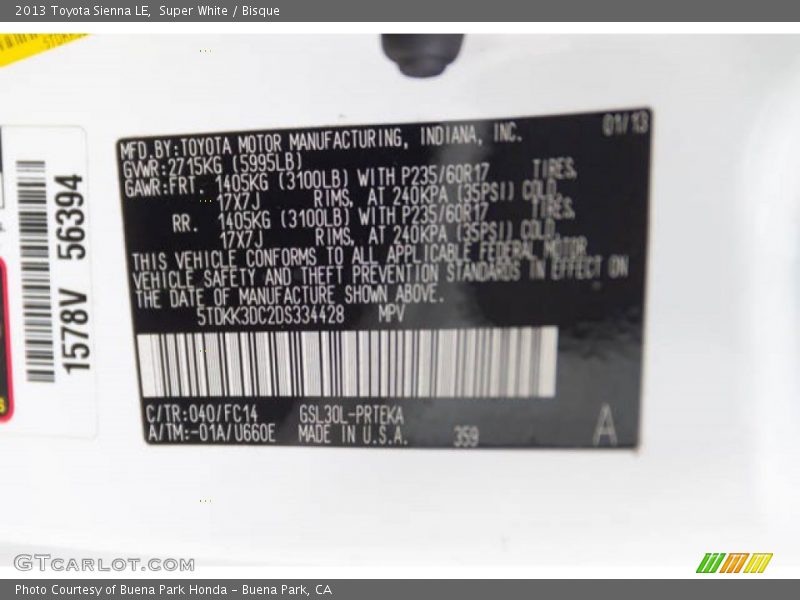 Super White / Bisque 2013 Toyota Sienna LE