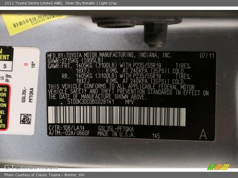 Silver Sky Metallic / Light Gray 2011 Toyota Sienna Limited AWD
