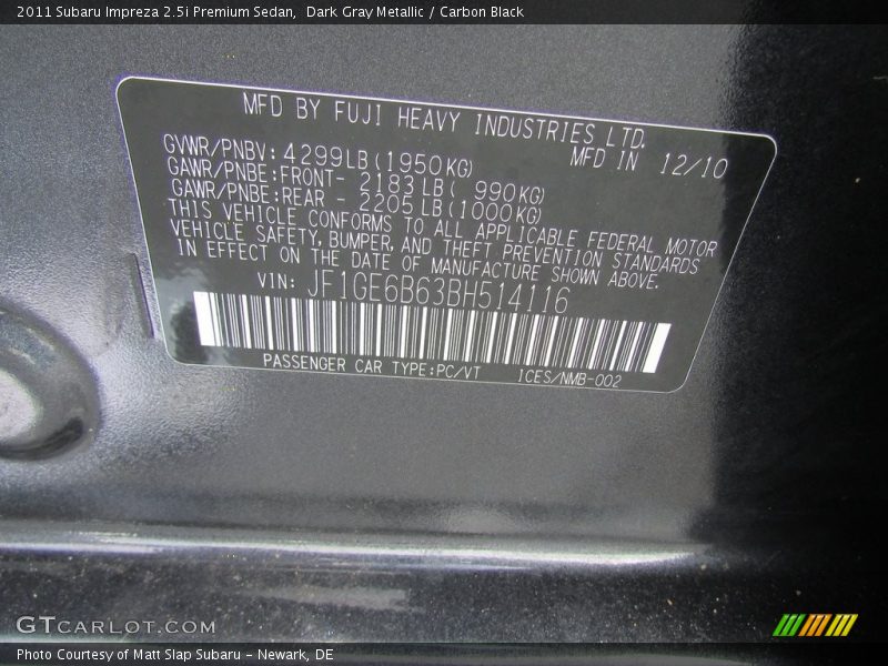 Dark Gray Metallic / Carbon Black 2011 Subaru Impreza 2.5i Premium Sedan