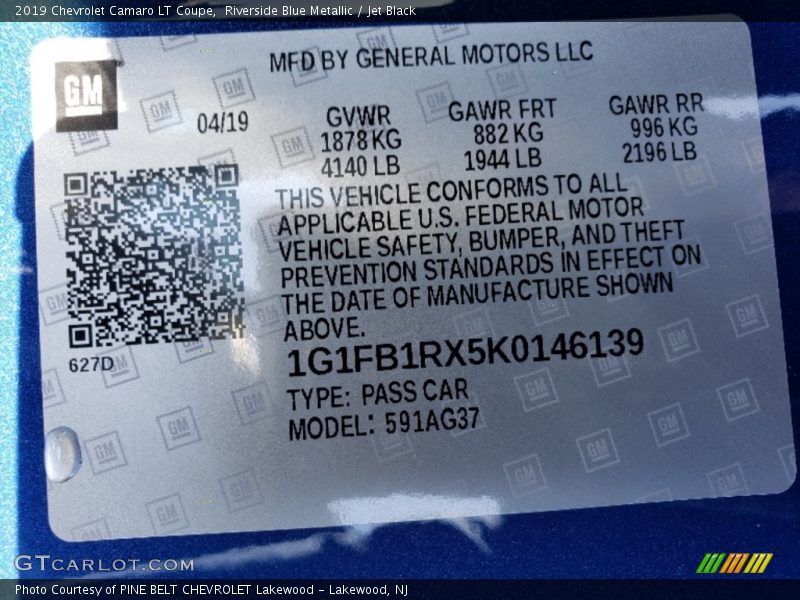 Riverside Blue Metallic / Jet Black 2019 Chevrolet Camaro LT Coupe