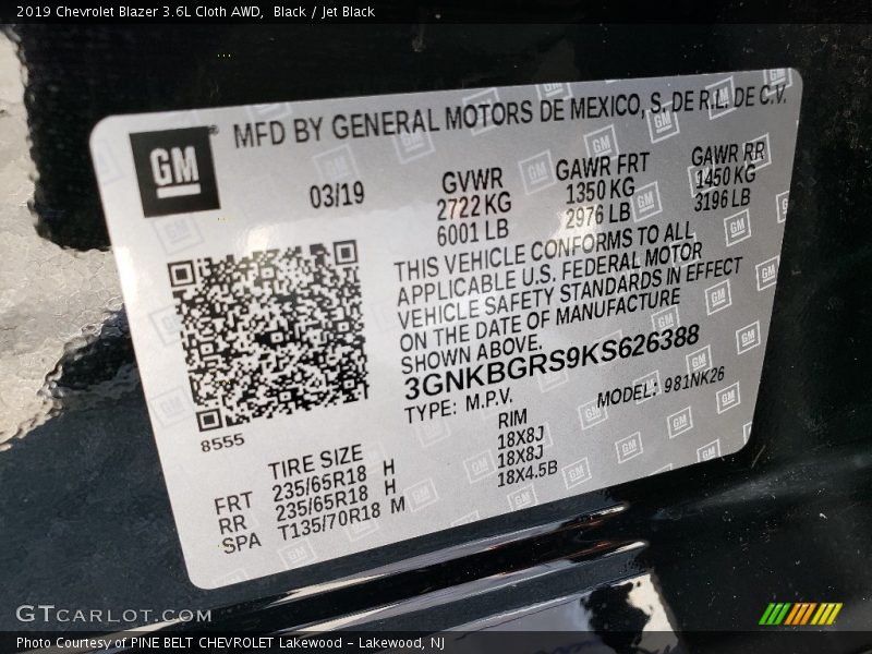 Black / Jet Black 2019 Chevrolet Blazer 3.6L Cloth AWD