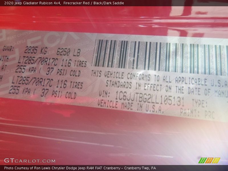 2020 Gladiator Rubicon 4x4 Firecracker Red Color Code PRC