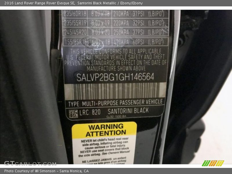 Santorini Black Metalllic / Ebony/Ebony 2016 Land Rover Range Rover Evoque SE