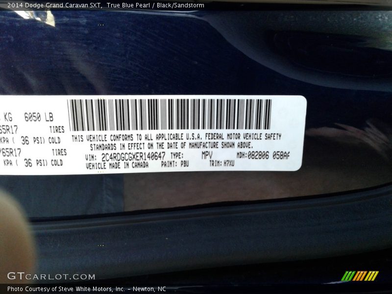 True Blue Pearl / Black/Sandstorm 2014 Dodge Grand Caravan SXT