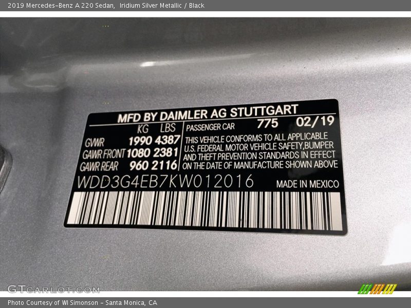 2019 A 220 Sedan Iridium Silver Metallic Color Code 775