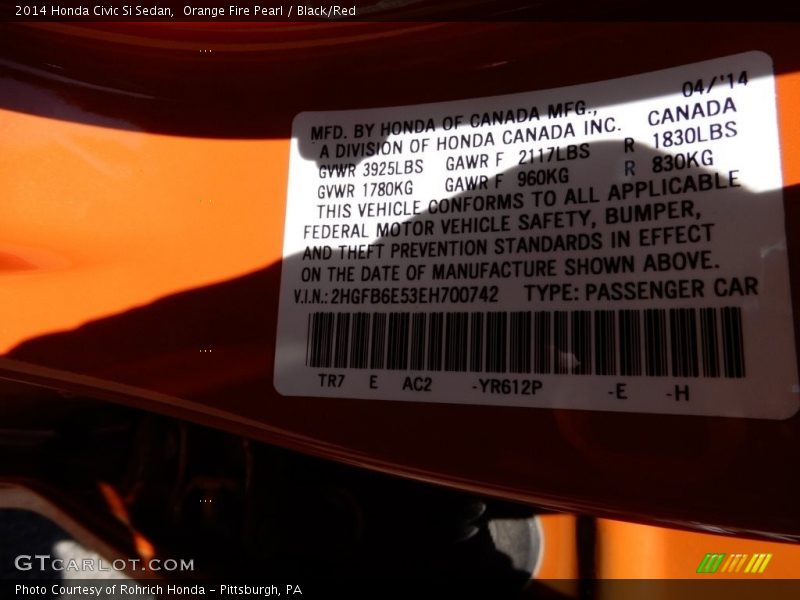 Orange Fire Pearl / Black/Red 2014 Honda Civic Si Sedan