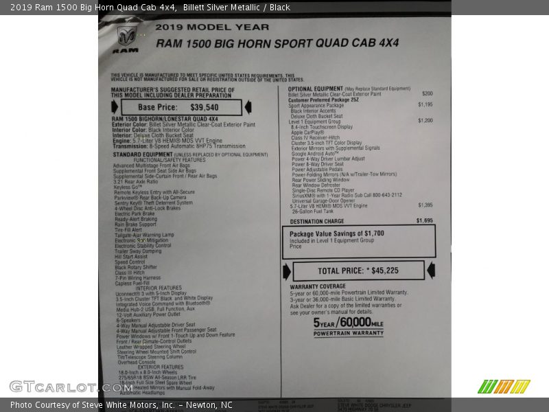  2019 1500 Big Horn Quad Cab 4x4 Window Sticker