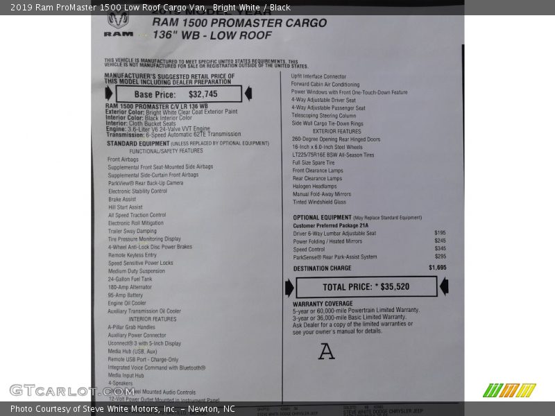 Bright White / Black 2019 Ram ProMaster 1500 Low Roof Cargo Van